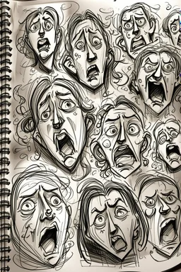 sketch of many faces on a pages, screaming and sad, demented, mad, journal