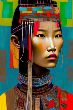 gorgeous portrait of a beautiful ancient princess. “Hmong Textile Patchwork Fashion Model" By Enki Bilal & Paul Klee & Jennifer Lommers & Hans Hartung & Meghan Duncanson & Mark Rothko & Dee Nickerson & Victor Brauner & Didier Lourenço & ∞ Modifiers: no text Colorful Oil On Rainy Night Canvas Unstructured Maximalism Novelty architecture internally decorative Crepuscular Luminosity Hyper-Structured Minimalism show objects in great details and accuracy Legit emotional reactions perfect body coordin