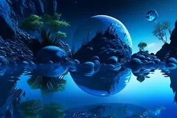 blue exoplanetin the sky, water reflection, rocks, vegetation