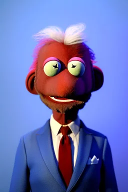 Waist up muppet Portrait, joe Biden as muppet doll, Blue suit, photo studio, blue background, unreal engine 5, concept art, art station, god lights, ray tracing, RTX, lumen lighting, ultra detail, volumetric lighting, 3d.