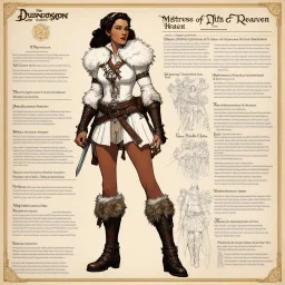 character concept sheet with AD&D statistics and characteristics, [illustration by Norman Rockwell for dungeons and dragons module B3] The mistress of 7th Heaven character class, wearing a white lace-up top, armored shoulders, hips hugged by fur-trimmed shorts. Leather belts laden with pouches and a sheathed dagger and thigh-high boots with fur cuffs promised both dominance and submission.