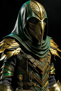 female video game character costume inspired by a Kea parrot and Assassin's Creed aesthetic. bird-themed mask protects face. The metallic elements should be in bronzed gold tones. The design should introduce tinted tinted green and blue transitional colors from the bronzed gold to olive color scheme. The hood should have a matte black beak-like tip, exaggerated in shape. character wielding matte black karambit. overall finish should be foresty, wintery, and weathered.
