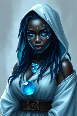 Please generate a full body african american female water genasi cleric in the knowledge domain for D&D. She should have wet like clear skin like a ghost with glowing blue bubble features on her skin. Her hair should appear dark blue long flowing wet locs. She should have glowing blue eyes. She should be curvy with wide hips and semi clothed draped in white cleric robes with a hood. She should carry orbs etched with runes on her belt and carry a small book