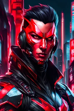 Retrato dibujo de contorno de Dragman, negro y rojo con traje cyberpunk, antifaz de dragón fondo ciudad