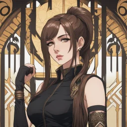 A portrait view of an arrogant-looking young woman with pale skin and long brown hair pulled up in a single, straight ponytail. She is wearing a black, sleeveless crop top. An air of malevolent power surrounds her. Anime Style, High Definition, Greg Rutkowski, 8k resolution, intricate details