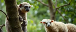 close up on member of sloth monkey sheep flock climbing trees