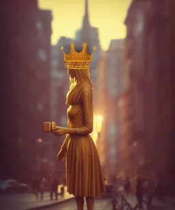 Statue of Queen of photography. Cute blonde woman. Photographer in golden crown. Standing on the street. Big camera in her hand. hyperdetailed, photorealistic, trending on artstation, greg rutkowski, beksinski, kodachrome, lomography, golden hour, bokeh, volumetric light