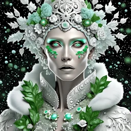 Beautiful silver and. Light blue, gradient green Leaves winter queen portrait, adorned with textured snow flakes, snowy greem mistletoe and pine leaves rococo style headdress wearing organic bio spinal ribbed detail of bioluminescence botanical rococo style costume, white camelia floral baclground, Golden dust and snowflake extremely detailed, textured hyperrealistic maximálist concept art,, shot with Sony Alpha a9 Il and Sony FE 200-600mm f/5.6-6.3 G OSS lens, natural light, hyper realistic pho
