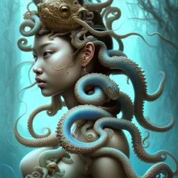 Sango fantasy, fantasy magic, intricate, sharp focus, illustration, highly detailed, digital painting, concept art, matte, art germ and Paul Lewin and Kehinde Wiley, masterpiece Japanese dancer head bronze octopus' Asian African girl nice breast Thai hair turquoise silver blue under water