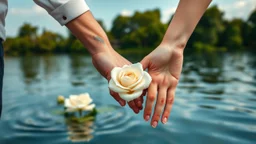 close up Back view couple holding hands close a lake, a white rose swims on the water, in the blur background a lake, some green trees, ultra detailed, sharp focus, perfect anatomy, perfect hands with fingers, perfect photo