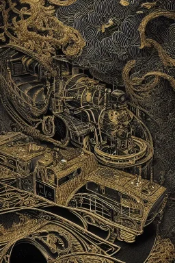 Insanely detailed intricately detailed meticulously detailed hyperdetailed black outline of a train on gold paper, high contrast, beautiful landscape, detailed full-color, nature, HD photography, Josan Gonzalez, Tishk Barzanji, Anne Dittmann, autoCAD