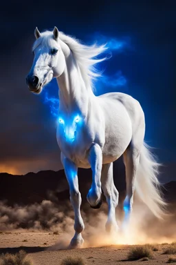 Radioactive white horse with blue glowing eyes, storming through the mojave desert