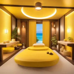 a vibrant massage room in action, where one can indulge in the full service experience. Envision her in a yellow leotard, surrounded by an atmosphere of relaxation and luxury. Special toys and tools her at your disposal, enhancing the rejuvenating journey within this serene setting.