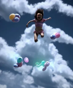 Ultra realistic speed clouds sky scene, wide angle view, childs falling down with many Childs background, rabbit head, inflatable monsters, circus dress style, feather color, free jumping flying, many trinkets, hair monster, many jelly beans, balls, color smoke, smile, happy, extreme, wind, clouds sea, 20,000 feet altitude, stratosphere, soft color, highly detailed, unreal engine 5, ray tracing, RTX, lumen lighting, ultra detail, volumetric lighting, 3d, finely drawn, high definition.