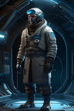 sci fi mechanic on space ship with ushanka standing whole body