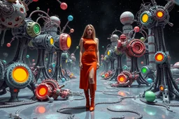 beautiful full body with long boots and midi dress lady in surreal interstar world made of fractal random size modern mechanical basic objects with helical colors,geers, in clothing similar to environment full body posing to camera