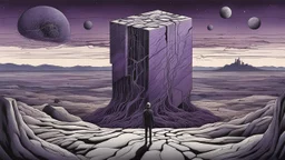 a nonbinary human figure stands inner an giant block of stone consisting of several layers outside around weird landscape with city in the distance, sharp lines, fade pale eyes, fade human figures in city, dark purple, gray, black, white, brown. Whimsical style and surreal vibe, lonely with absurd broken land, neuron network background, surreal nightmare vibe