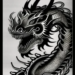 Ukiyo-e styled art, black and white dragon, full picture