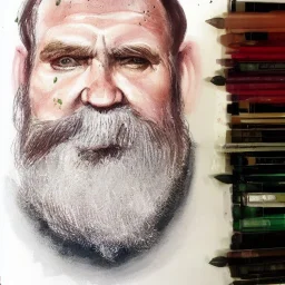 dnd, dwarf, priest, heavy armour, portrait, only face, close up, watercolour, grey beard, long hair, artistic, colourful, frowning, artistic background