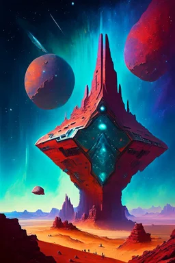 Towering starship fortress in red desert landscape with blue and green mineral rocks nebula starry sky painterly rpg art