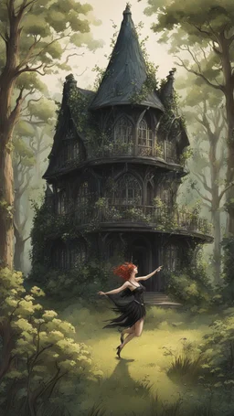 slim nymph dancing in a woodland clearing, with a gothic woodland house behind her.