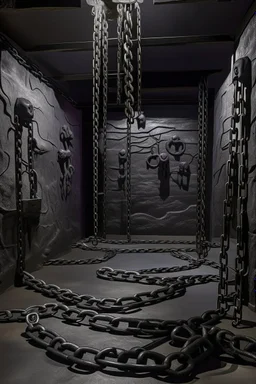 A purplish black dungeon with chains designed in native American petroglyphs painted by Raymond Duchamp-Villon
