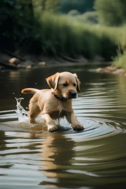 Seekor anak anjing bermain di sungai yang indah dan luas