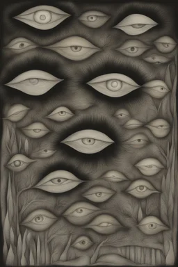 Liminal Dreamscape nightmares of disembodied eyes and mouths; Primitive Art; Ink Wash; Black With Iridescent Pastels