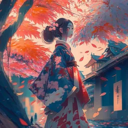 a girl wearing a kimono with ornaments and the leaves falling from the trees near a street filled with beautiful cherry trees futurism, digital art, full details, high resolution, colorful, 4k, HD