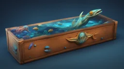 a box 10 cm long by 5 cm wide and 25 cm high, from subnautica drown on a box, sea animals, leviathan, dark colours