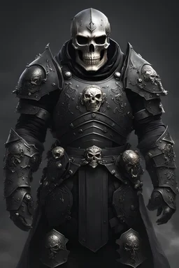 a man in black bulky heavy battle armor with a skull emblem on the chest