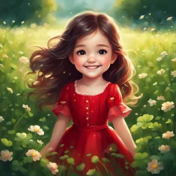 Adorable digital painting of a cute little girl in a gorgeous red dress smiling in a field surrounded by clover, cute chibi face, glowing eyes, long dark hair, high quality