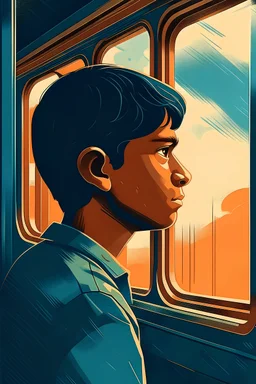 Vector. Illustration. young Indian boy looking out from train windows thinking. contemplate. I’m looking at the boy from outside the train. 1980s. Minimal. 2D animated. Digital painting, Ol. high resolution.