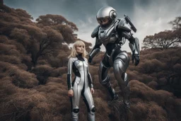 Wide angle photo of a slim sci-fi woman with blond hair, wearing a silver and black futuristic spacesuit looking android-like, standing on a derelict alien cloud tree jungle planet