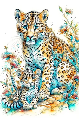 Leopard with cub in watercolour,elegant extremely detailed intricate hyperdetailed vibrant beautiful award winning colourful very cute line art Arthur Rackham Watercolour Tim Burton elaborate Anton Pieck pastel colours Thomas Wells Schaller Watercolour and ink