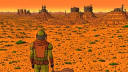 Desert warrior from behind looking at a city in the distance, comic style