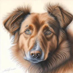 Colored pencil drawing. Portrait, realistic, dog, fur texture.