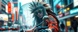 wall poster of transparent biker woman weasel rasta man with cute fur holding a huge dented glass pane cover, in big cyberpunk city crossover, volume light and motion blur, airbrush and pen outline