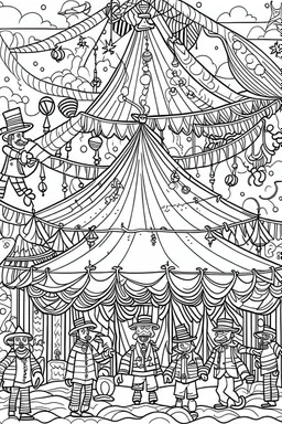 Coloring book page:: Circus: A whimsical illustration of a circus tent with acrobats, clowns, and a ringmaster:: high detail adult coloring book page thin black lines white background, 1 bit line art coloring book, only draw outlines, crisp, thick outlines, use up the entire screen, outline art, storybook illustration –no noise, book, logo, page, letters, words, markers, grayscale, –no black background –ar 3:4 –v 4