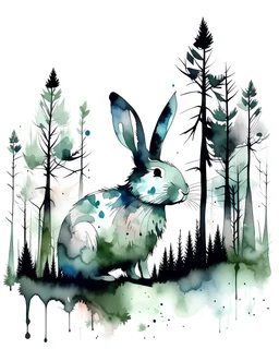 Watercolour effect, rabbit, forest abstract,roschCh ink blot test, white background, muted colour's.no black outline, no black colour