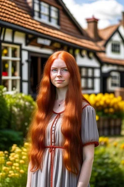 Full body and headshot of a slim young woman with long straight red hair, standing in front of a row of cottages and shops with thatched roofs