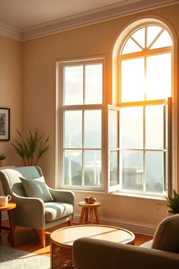 photo representing life coaching in a sunny furnished room with open window on a marvellous serene world representing the way to take new actions with no shadows in the room.A bigger room please