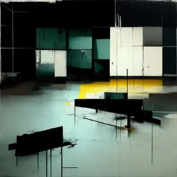 Minimal abstract oil paintings of a desolate 1960s carpark. Illuminated by a spotlights. On the floor are concrete fragments and road markings . In the dark mysterious style of Justin Mortimer and Francis Bacon.