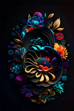 logo design, complex, trippy, bunchy, 3d lighting, realistic head, colorful, floral, flowers, cut out, modern, symmetrical, center, abstract, circular shape, black background, texture, high detail