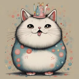 fat pouting fluffy cat celebrating birthday, fine color ink illustration, by Gary Baseman, colorful, adorable, interesting, maximal