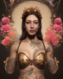 upper bust portrait, the queen of butterflies, corset, intricate metal work flower crown, in a field of roses, flower tattoos, 8k resolution concept art, dynamic lighting, intricately detailed, hyperdetailed, beautiful, ethereal, elegant, golden hour, (butterfly), gothic