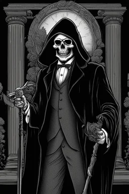 ultra high image quality, Grim Reaper, WEARING A 3 PIECE SUIT, POSED FOR DOLLAR BILL PORTRAIT, LINE TONE, WSJ STYLE, HEDCUT, Close-up of an set against AMOLED-worthy pure black backdrop, fantasy art style infused with filter, tailored for vertical wallpaper, exclusive design with no duplicates, radiating beauty suitable for a PC screen image, vivid colors, ultra fine, digital painting, BASED ON THE UNITED STATES TREASURY NOTE ONE DOLLAR BILL