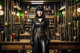 full-length pale dark-haired woman with a straight bob hairstyle with a fringe, in a steampunk leather outfit, and gloves, standing in a laboratory