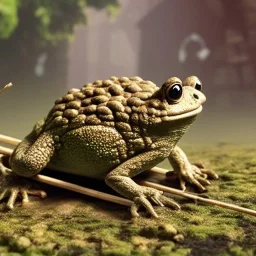 a giant toad carrying an army of tiny men with sticks on his back