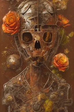 an abstract painting of rusted metal and flowers, african, rust, scaffolding, iron cladding, decay, mixed media, textured, anatomically correct, beautiful perfect face, sharp focus, highly detailed